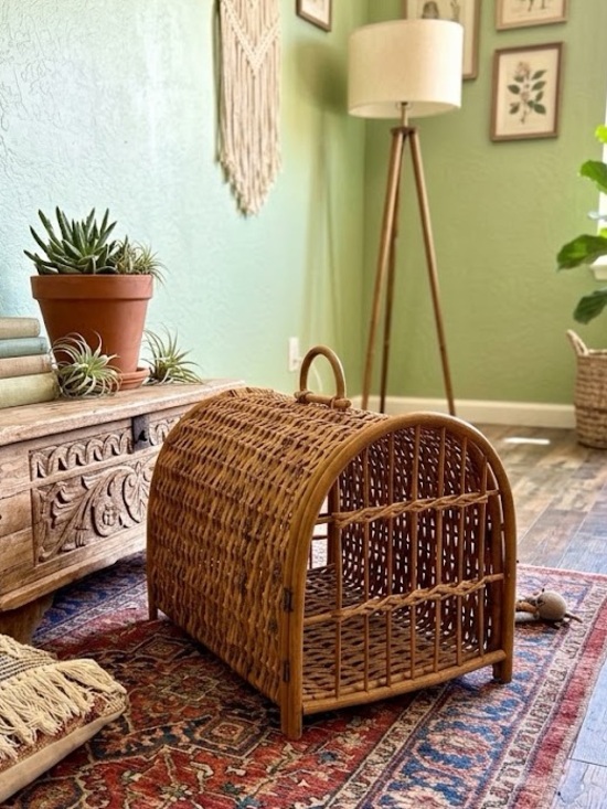 Vintage Other - Vintage Wicker Rattan Pet Carrier Cat Dog Basket Boho Cottagecore Travel Crate